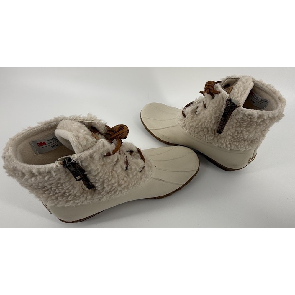 Sperry Saltwater Sherpa Duck Boots Waterproof‎ Lace Up Rain Booties Ivory 6.5